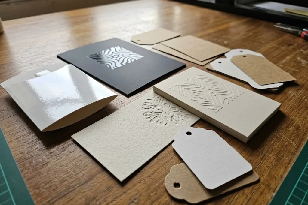 Contoh finishing cetak laminasi glossy, spot UV, emboss dan deboss pada kartu premium dan hangtag.