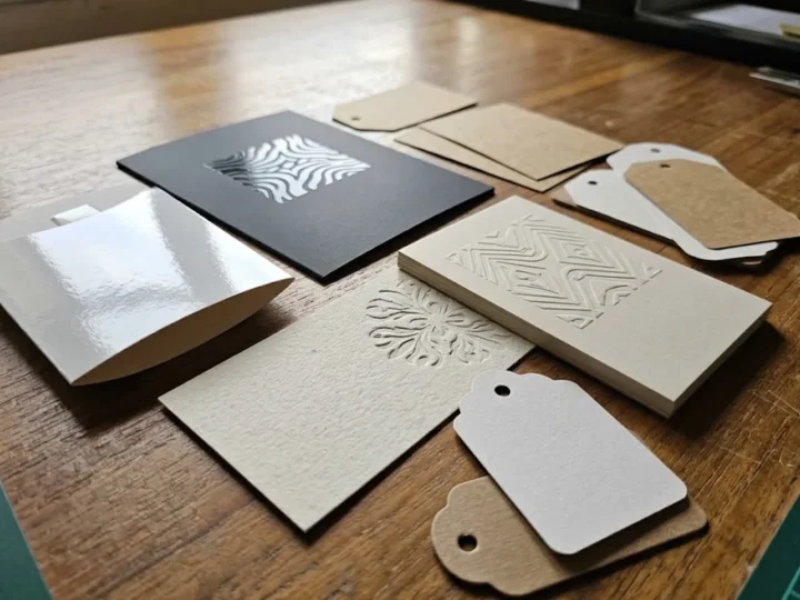 Contoh finishing cetak laminasi glossy, spot UV, emboss dan deboss pada kartu premium dan hangtag.